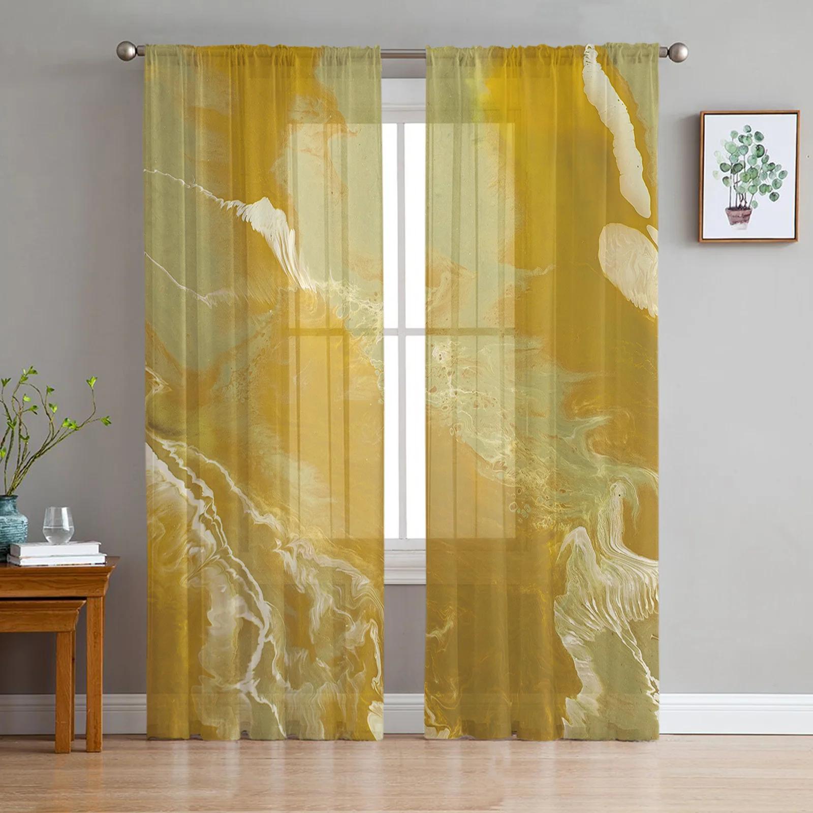 Abstract Yellow Marble Sheer Curtains for Living Room Bedroom Home Decor Kitchen Tulle for Windows Voile Drapes